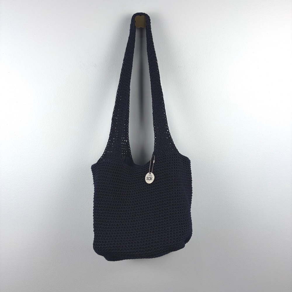 The Sak Navy Blue Crochet Knit Shoulder Bag 90s Boho Slouchy Handbag